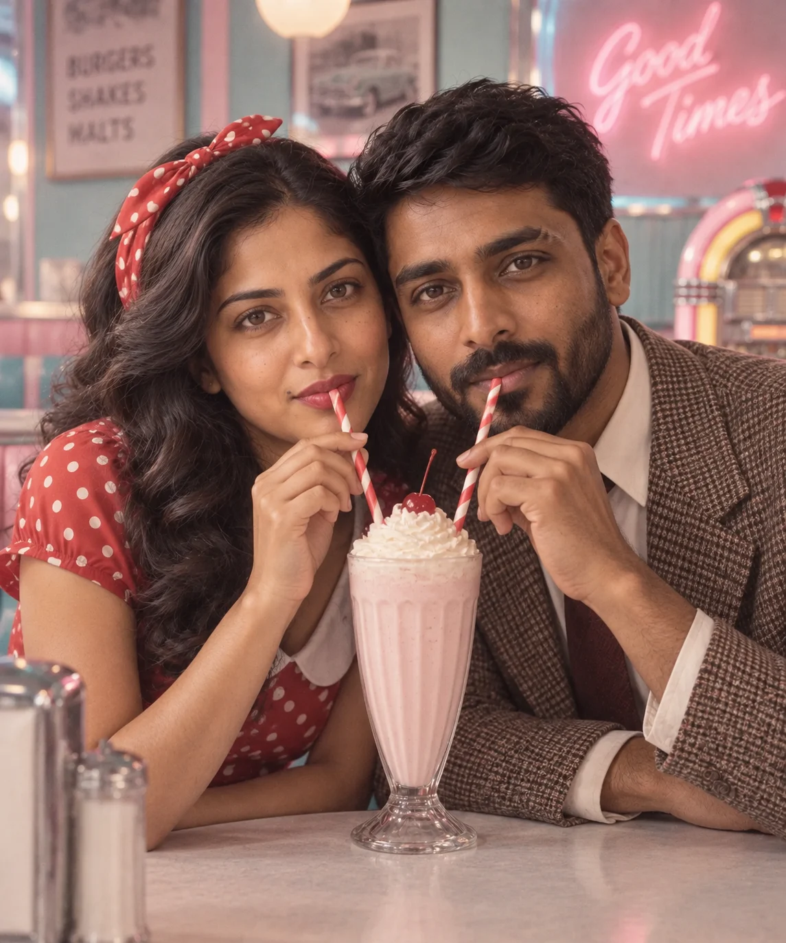 AI-generated example: Sharing a milkshake in a 1950s diner. Fictional adult couple.
