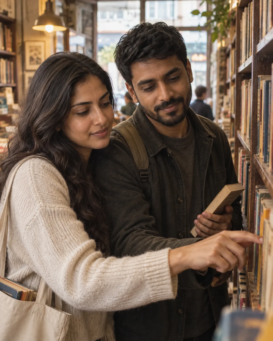 AI-generated example: Quiet smiles in a bookshop. Fictional adult couple.