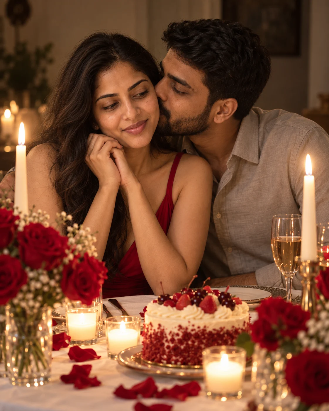AI-generated example: A candlelit dinner for two. Fictional adult couple.