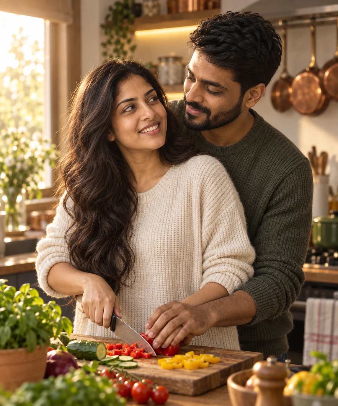Actual OpenAI-generated example: A kitchen moment, from two portraits. Fictional adult couple.