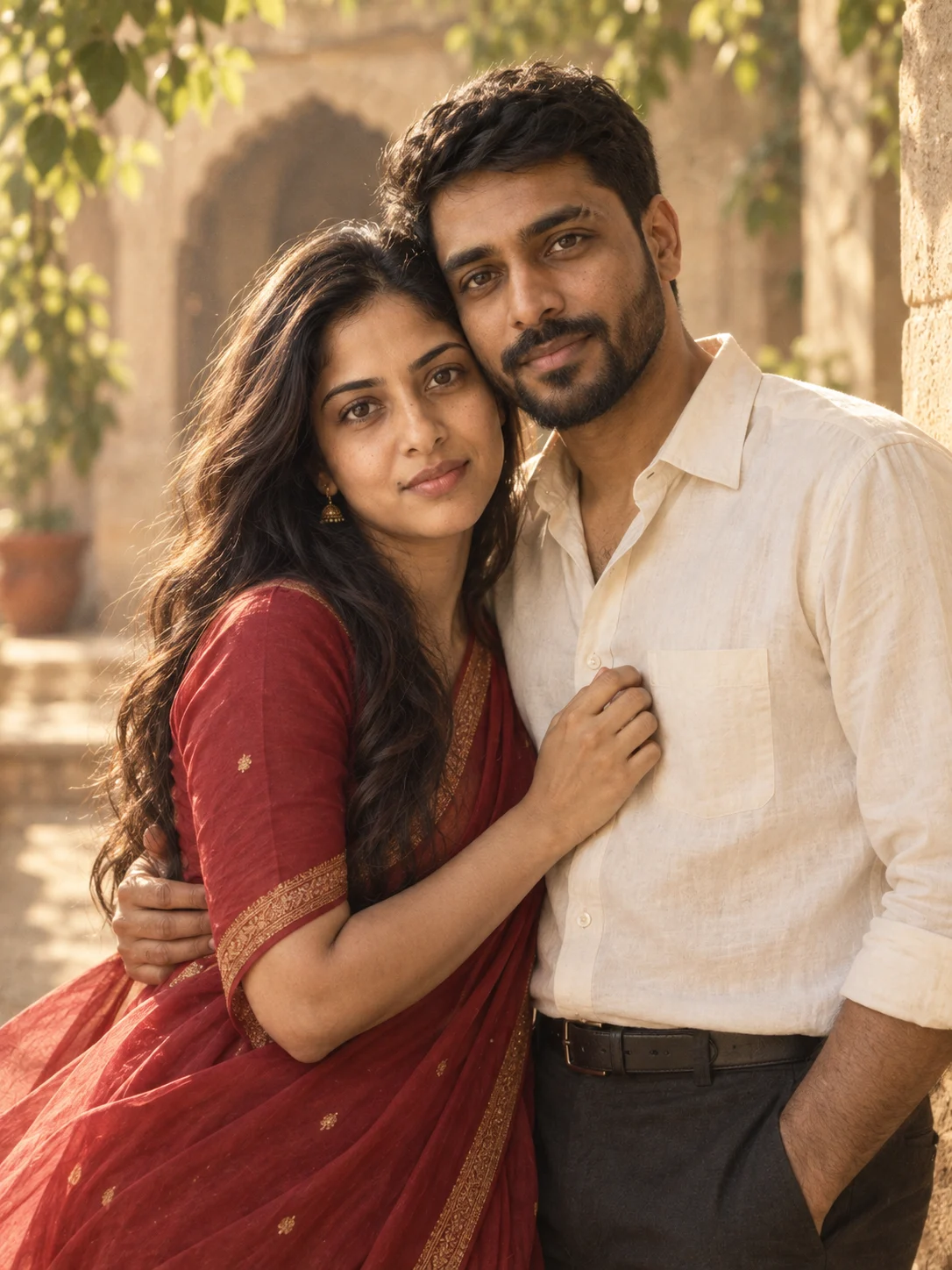 Actual OpenAI-generated example: Red saree, two portraits. Fictional adult couple.