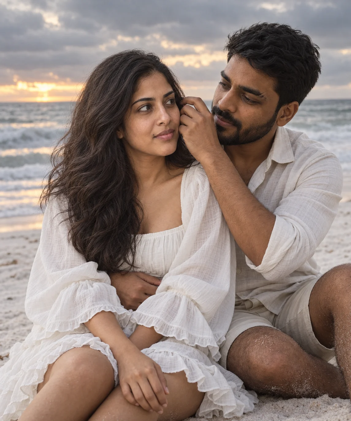 AI-generated example: A cloudy-sunset beach portrait. Fictional adult couple.