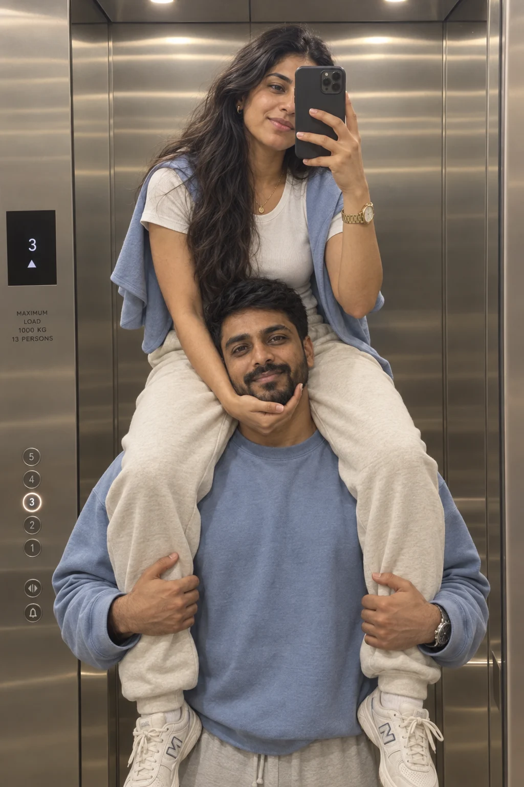 AI-generated example: Elevator Shoulder Selfie. Fictional adult couple.