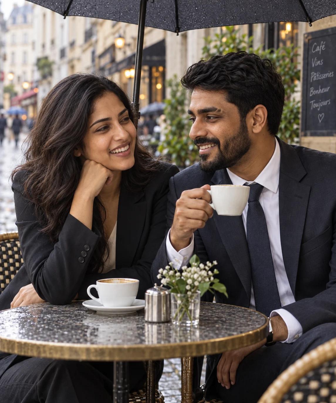 AI-generated example: Laughter at a European café. Fictional adult couple.