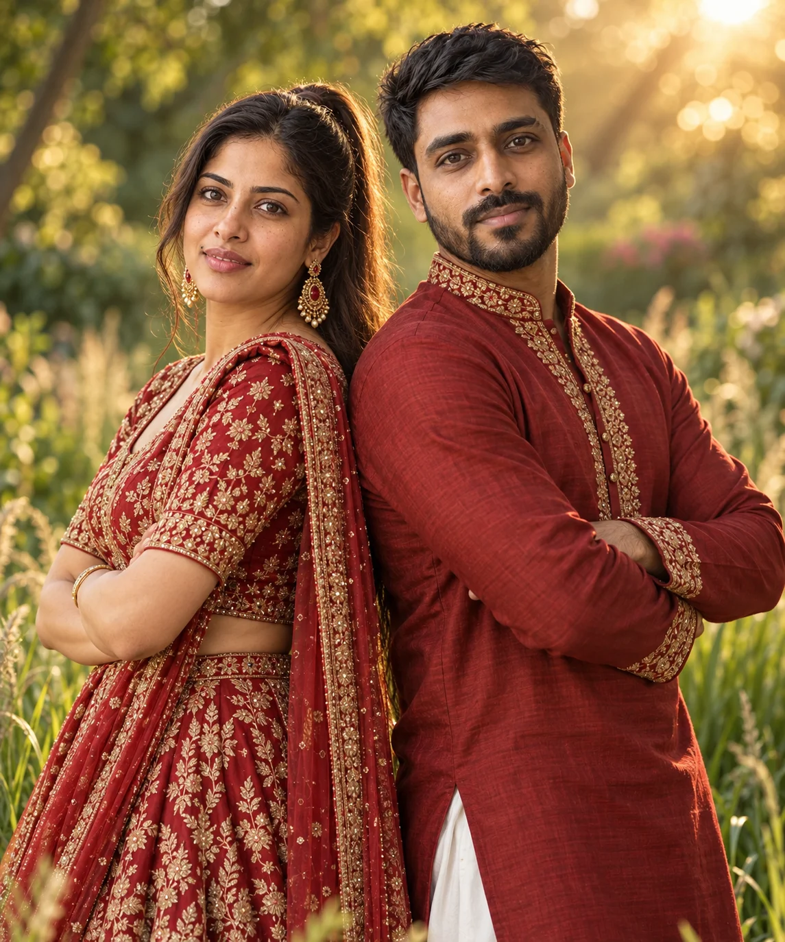 AI-generated example: Golden Garden Pair. Fictional adult couple.