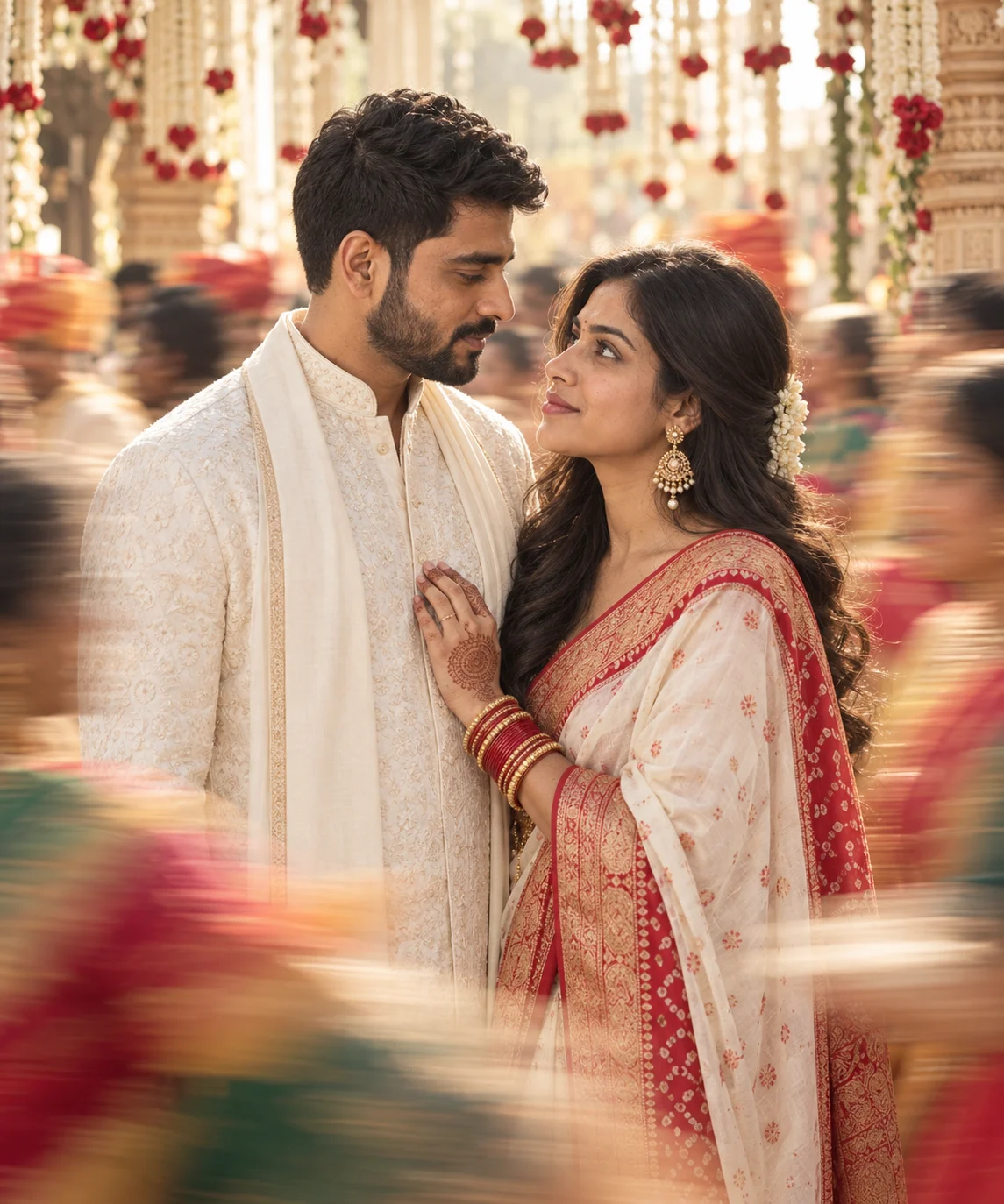 AI-generated example: A quiet gaze at a Gujarati wedding. Fictional adult couple.