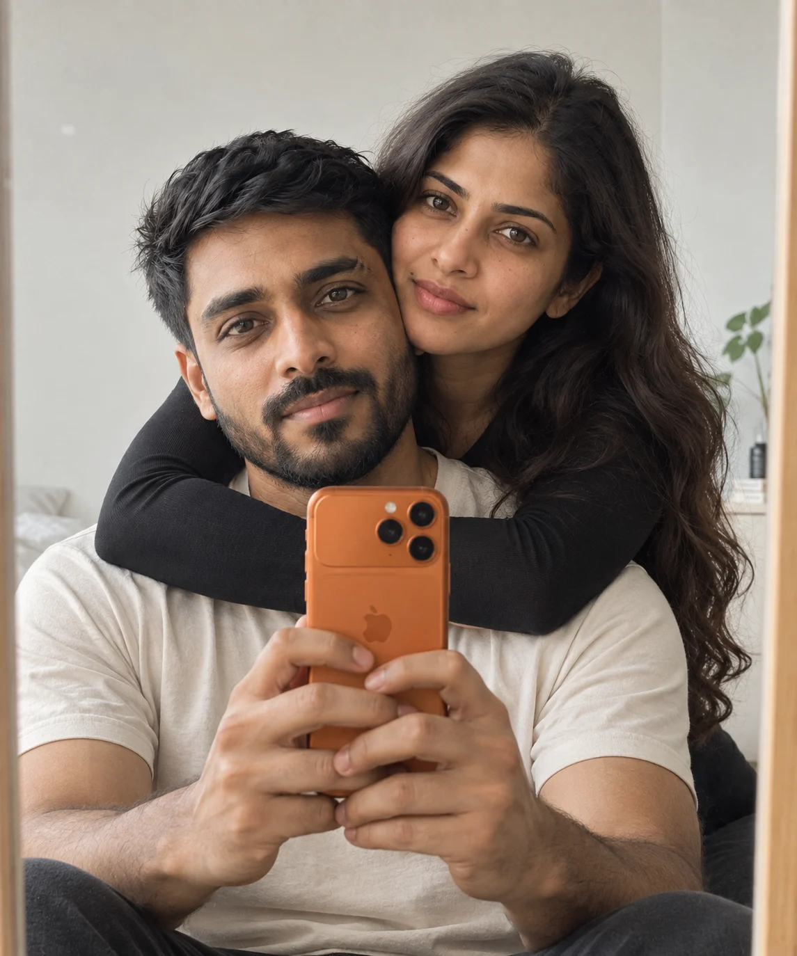 AI-generated example: A cozy mirror selfie. Fictional adult couple.