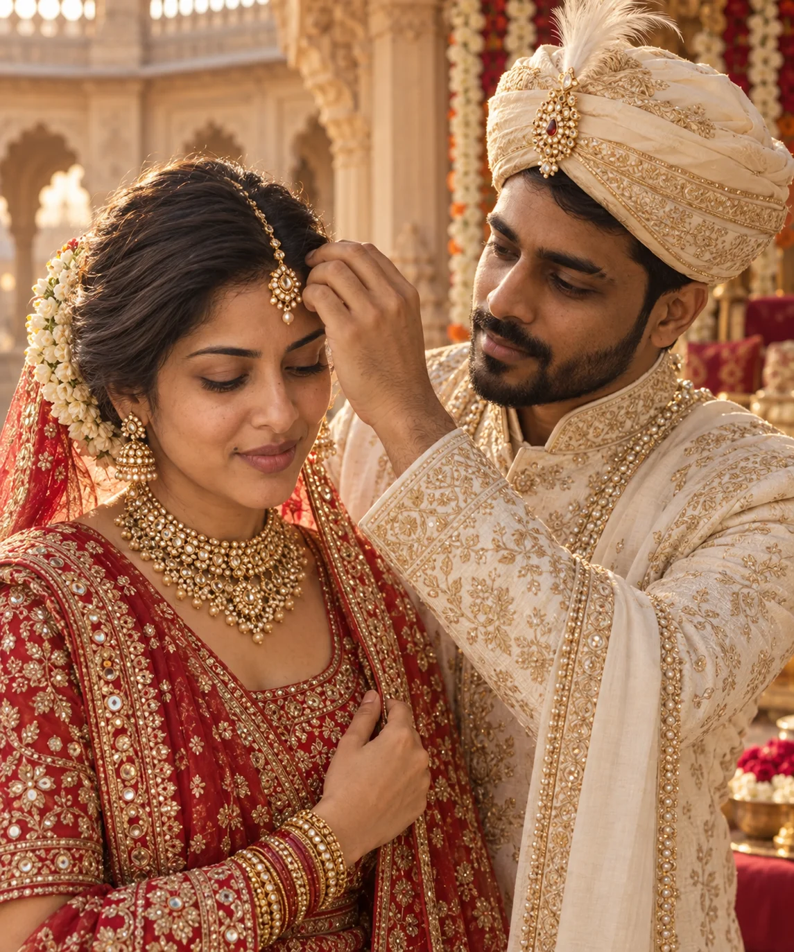 AI-generated example: Palace Bridal Jewelry. Fictional adult couple.
