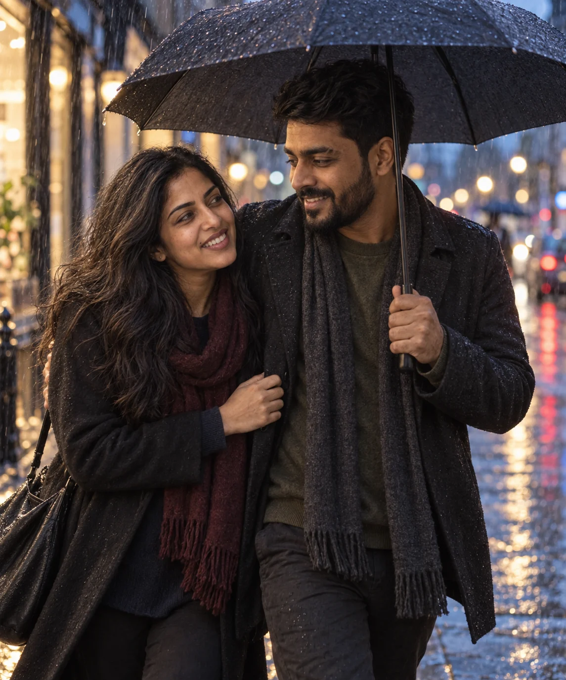 AI-generated example: Together under one umbrella. Fictional adult couple.