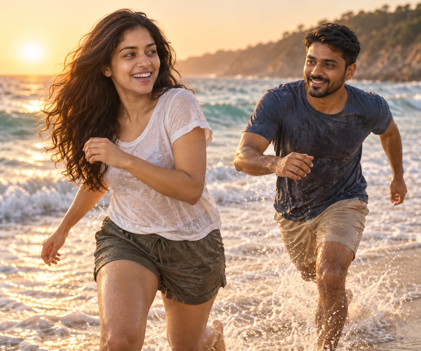 AI-generated example: Shoreline Chase. Fictional adult couple.