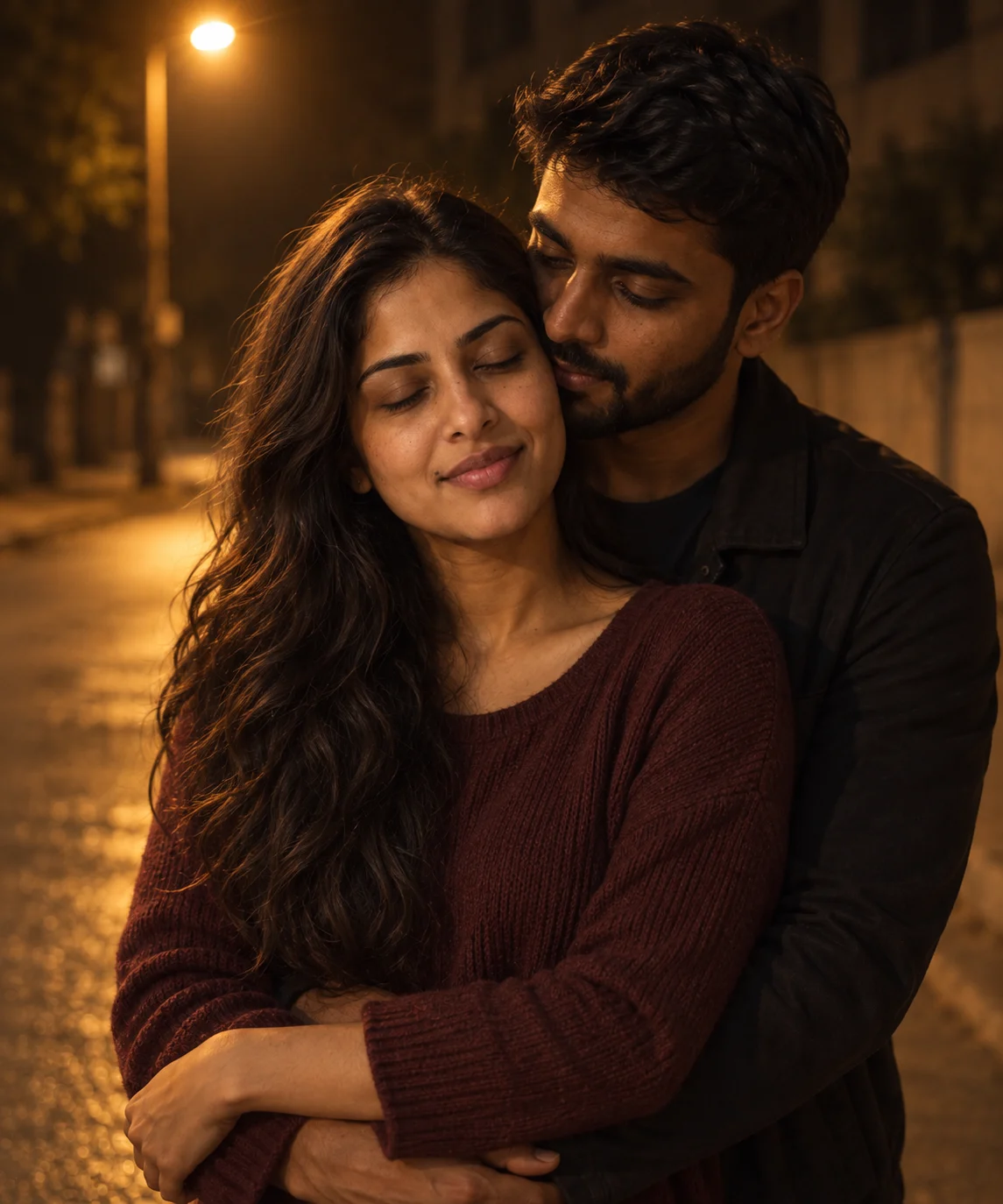 AI-generated example: Street Lamp Embrace. Fictional adult couple.