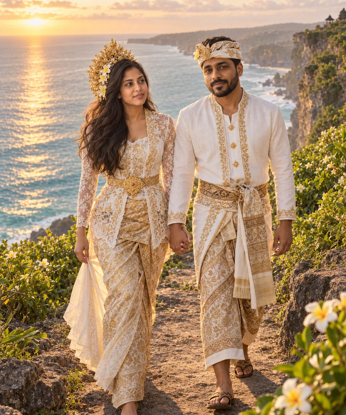 AI-generated example: Tropical Cliff Walk. Fictional adult couple.