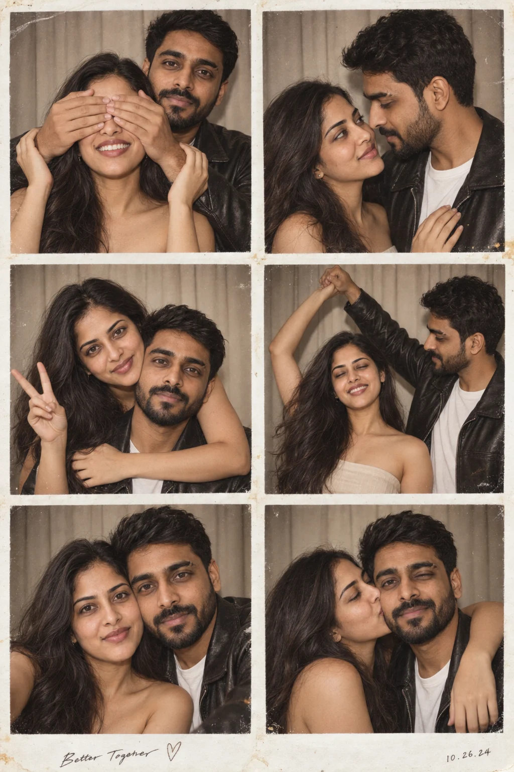 AI-generated example: Vintage photo-booth moments. Fictional adult couple.