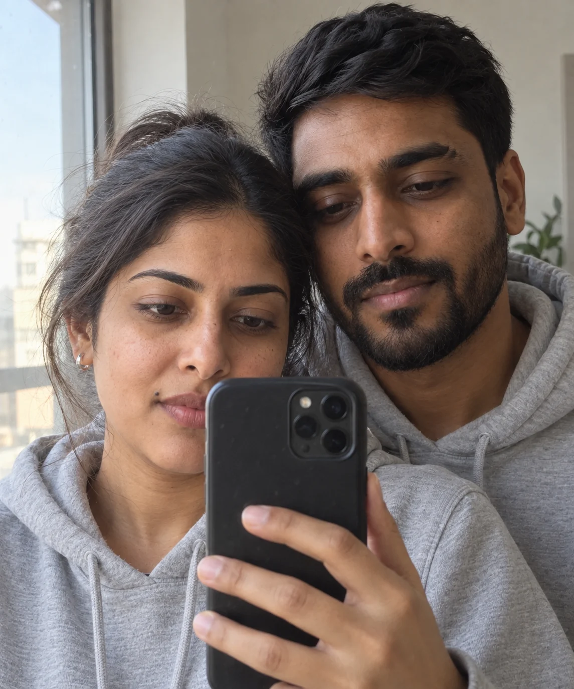 AI-generated example: Window Mirror Selfie. Fictional adult couple.