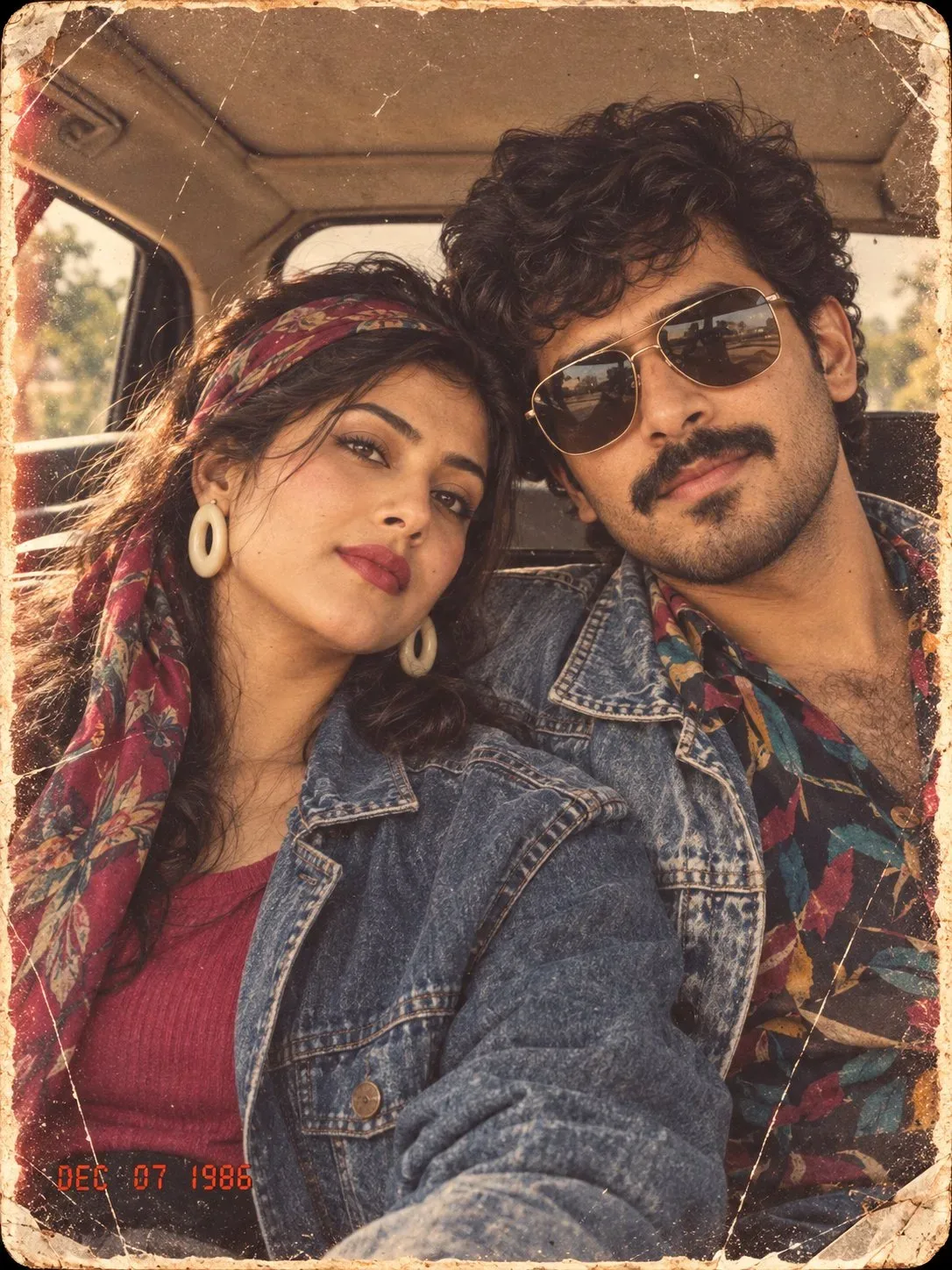 Nostalgic 1980s Retro Couple Portrait Inside Vintage Car in Matching Denim Jackets Prompt