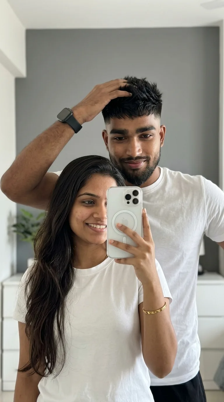Couple Bedroom Mirror Selfie in Matching White T-Shirts Prompt