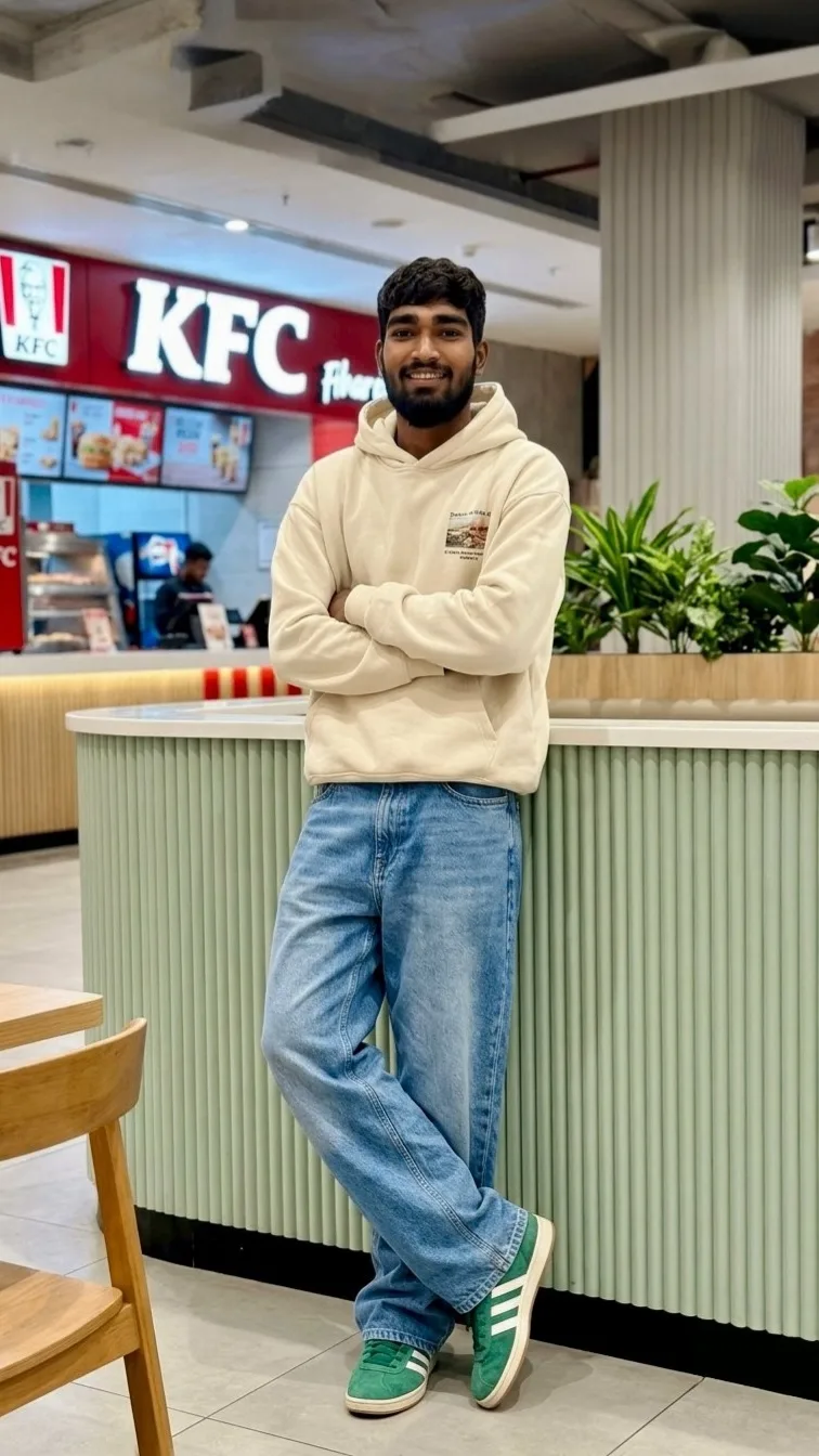 Candid Full-Length Mall Portrait of Young Man in Oversized Hoodie and Baggy Jeans