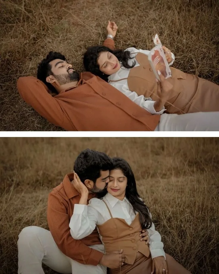 Romantic Autumn Meadow Pre-Wedding Portrait of Young Indian Couple