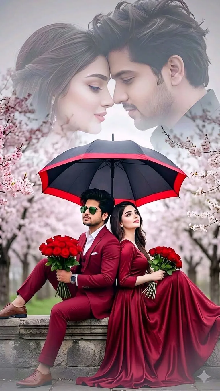 Intimate Red Suit Cherry Blossom Portrait