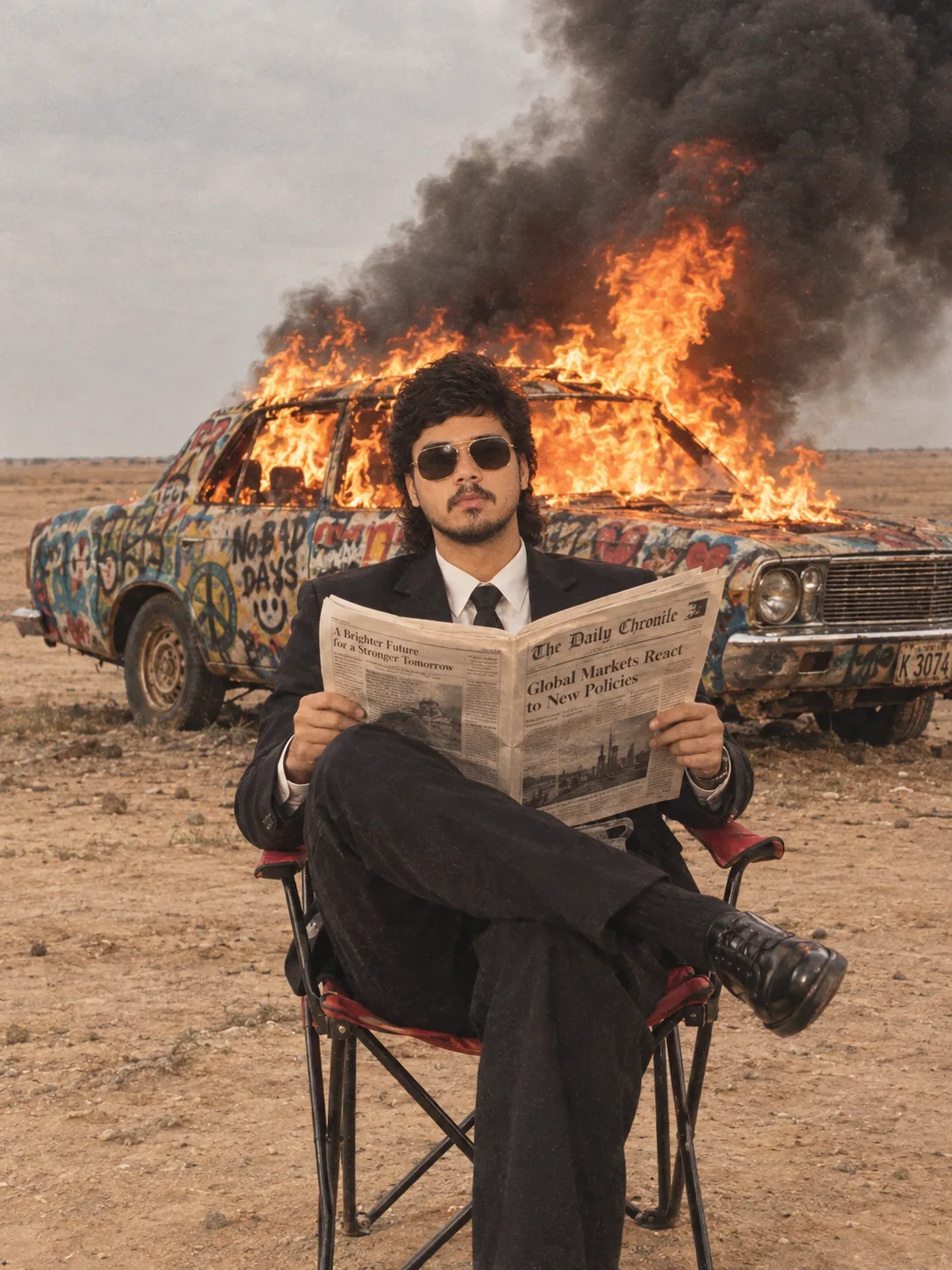 Burning Car Desert Portrait AI Prompt | Cinematic Editorial Fashion Photography