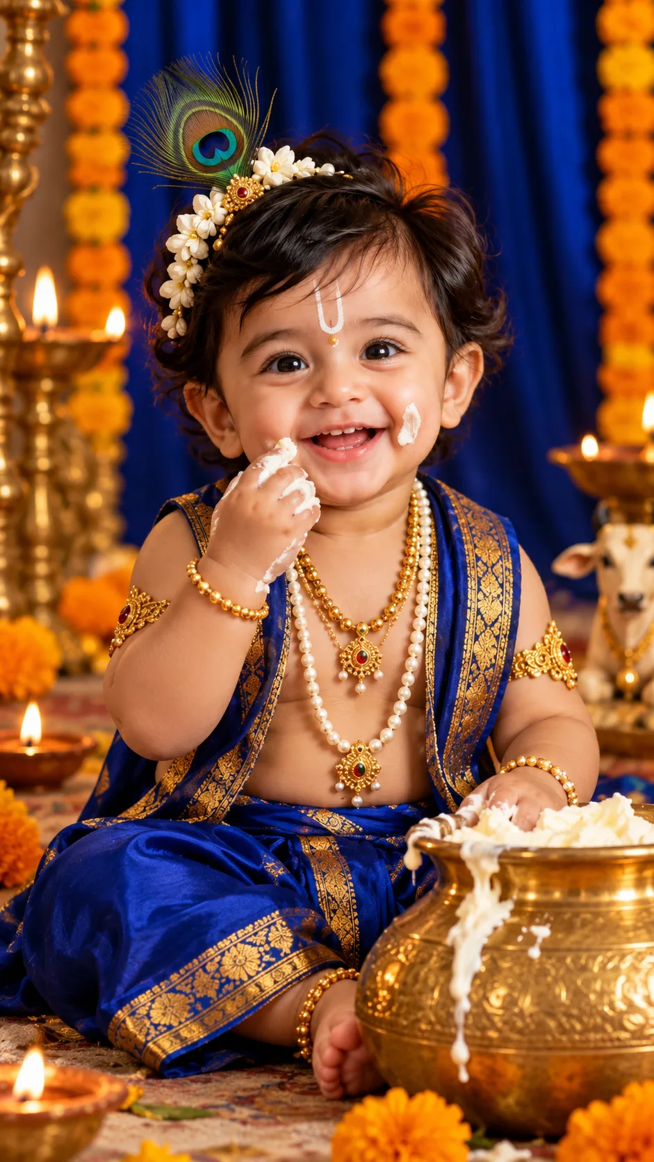 Little Kanha’s Makhan Chori 🧈💙 | Adorable Krishna Baby Portrait