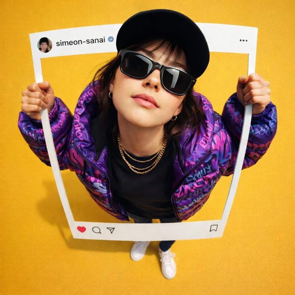 Dynamic Top-Down Fisheye Female Portrait with Giant Instagram Cutout Frame Prompt