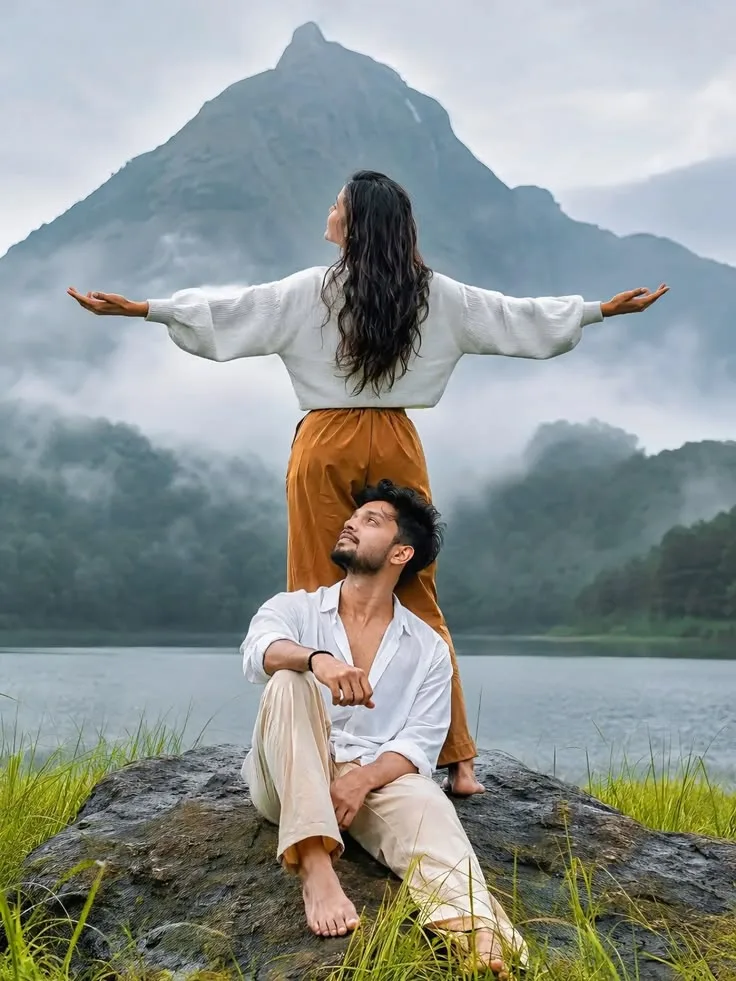 Romantic Mountain Lake Couple Portrait on Rocky Shore
