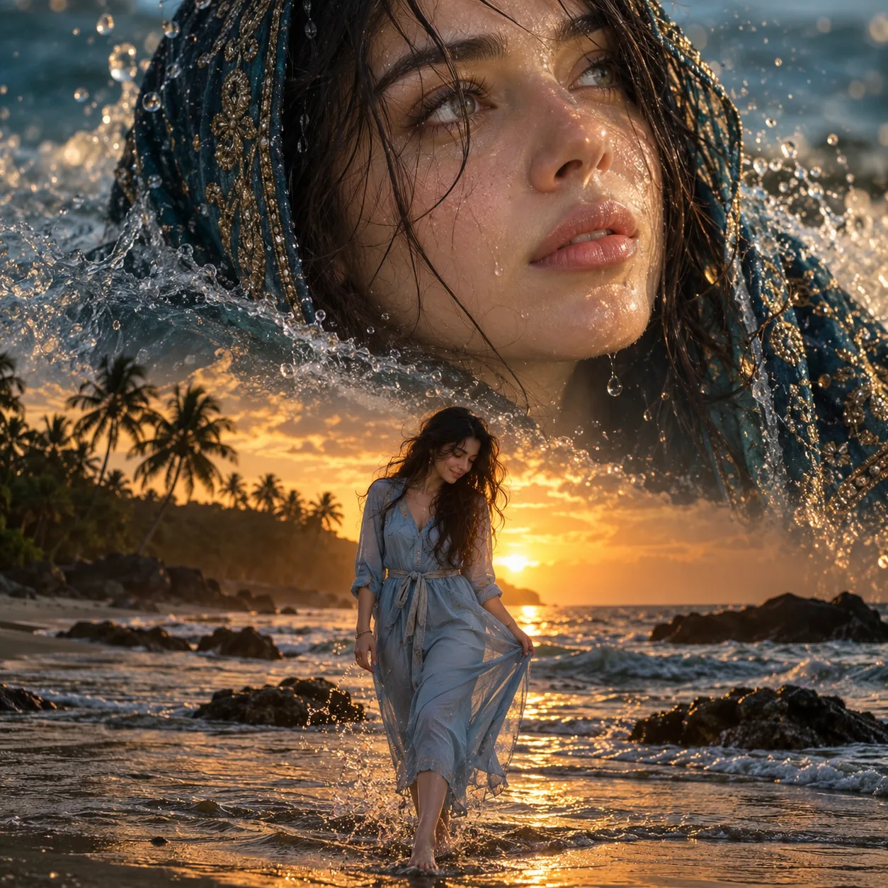 Ultra realistic cinematic double exposure of a young woman