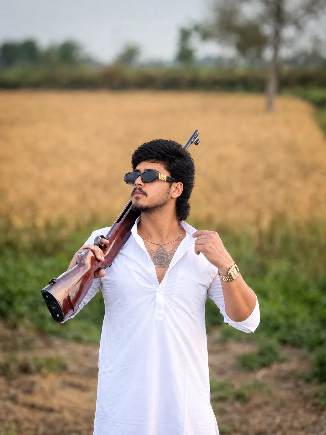 Rural Field Cinematic Portrait with Rifle