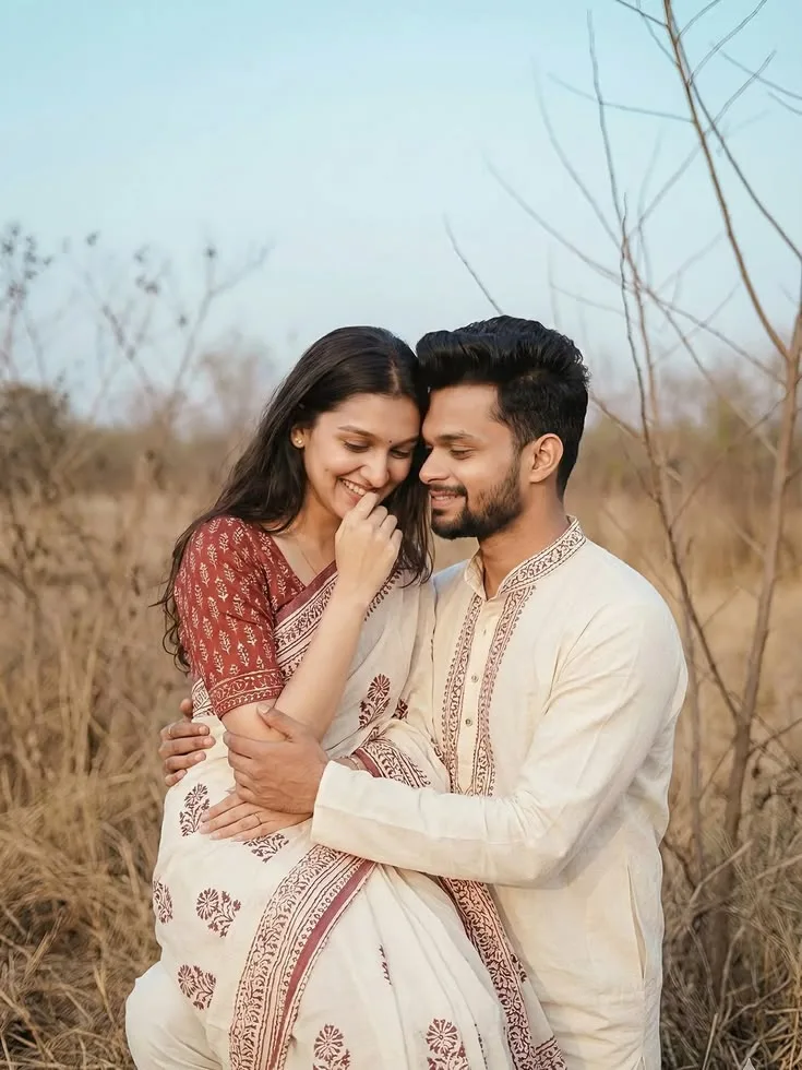 Candid Outdoor Pre-Wedding Portrait of Young Indian Couple in Dry Grassland