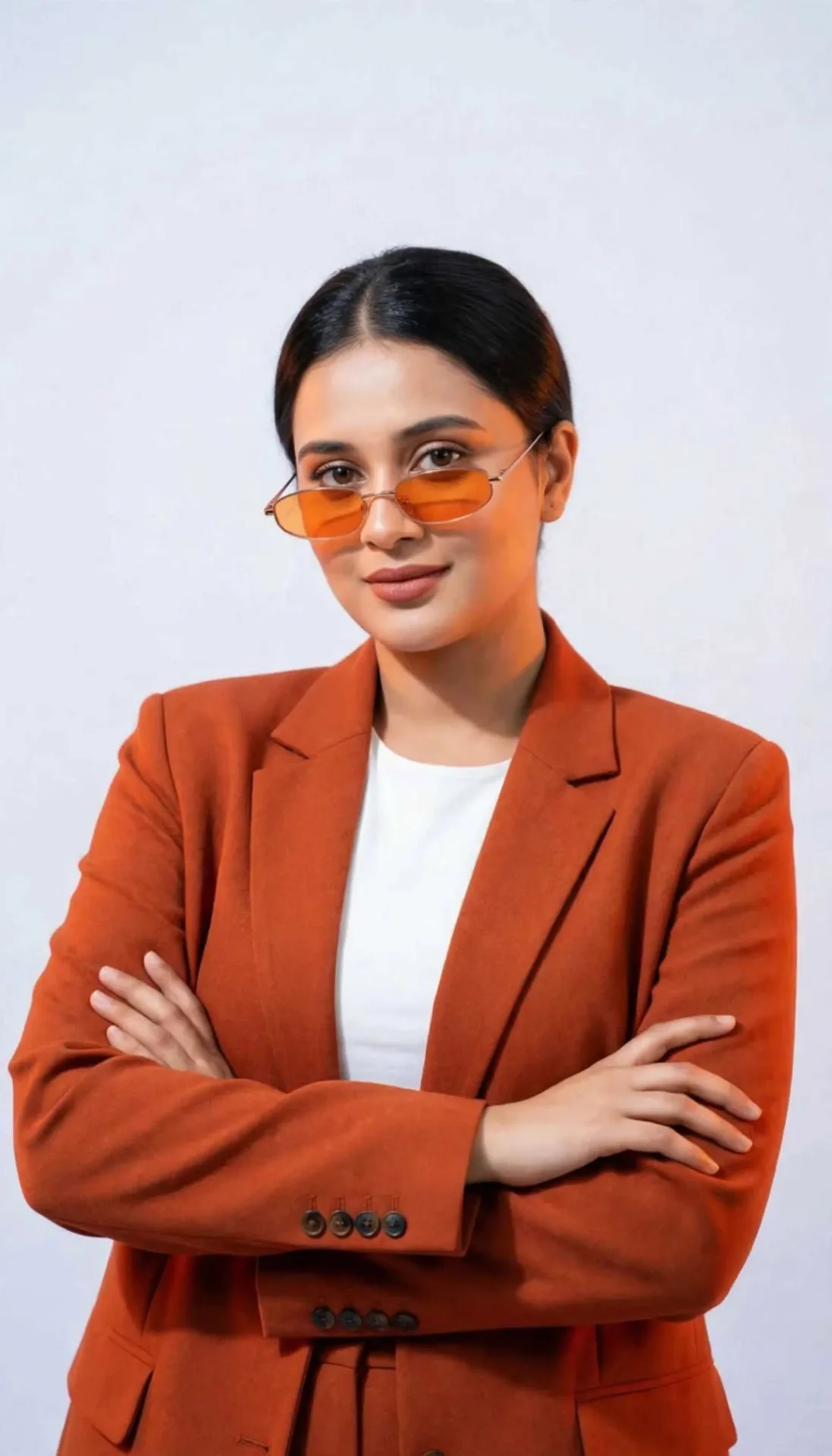 Confident Studio Portrait in Orange Blazer