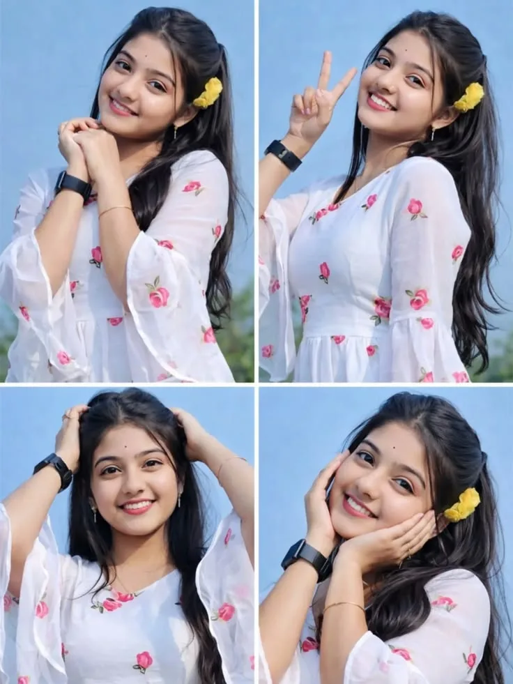 Four-Panel Collage of Young Woman in White Floral Dress with Yellow Flower Hair Accessory
