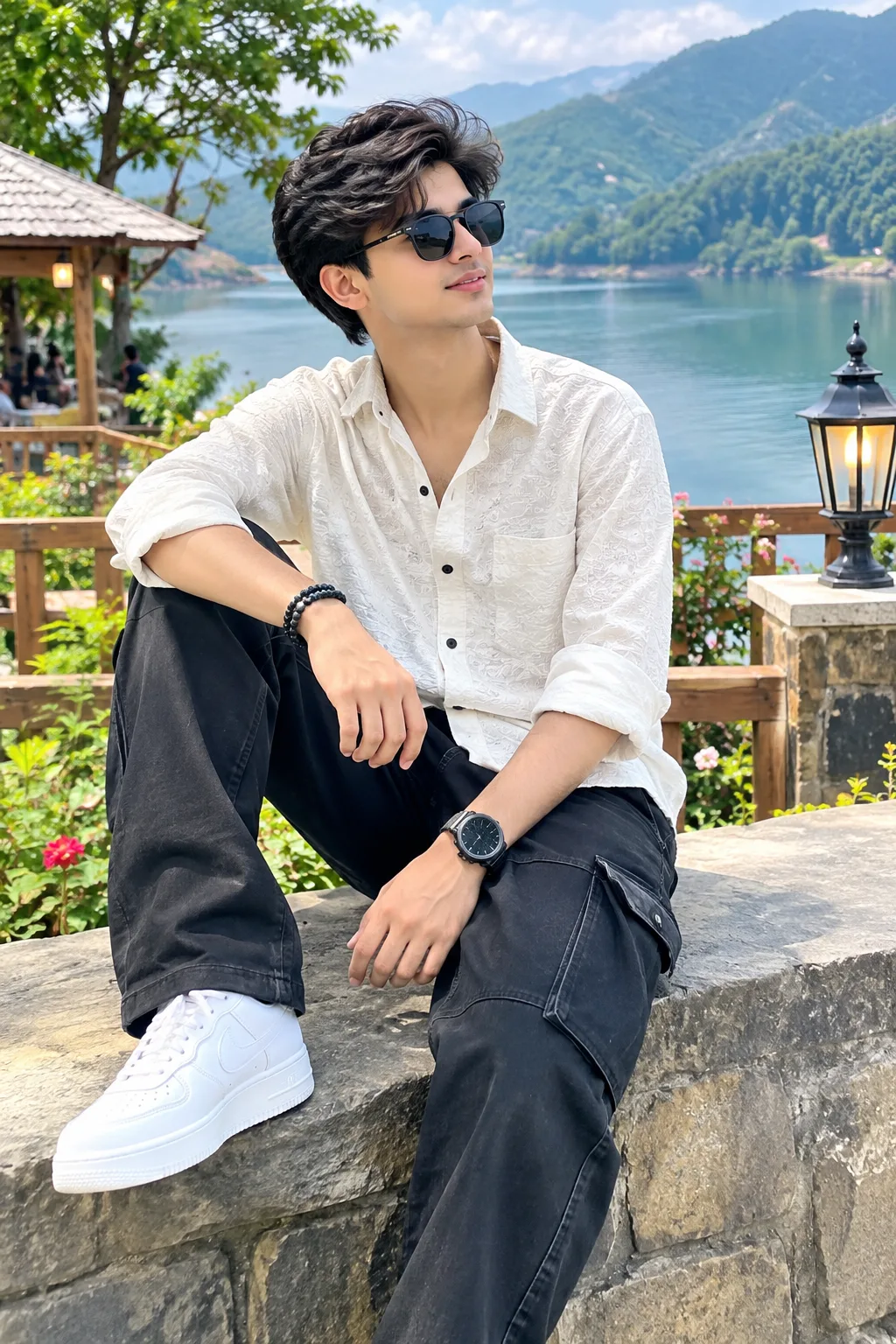 Stylish New Model | Luxury White Outfit at a Beautiful Mountain Lake