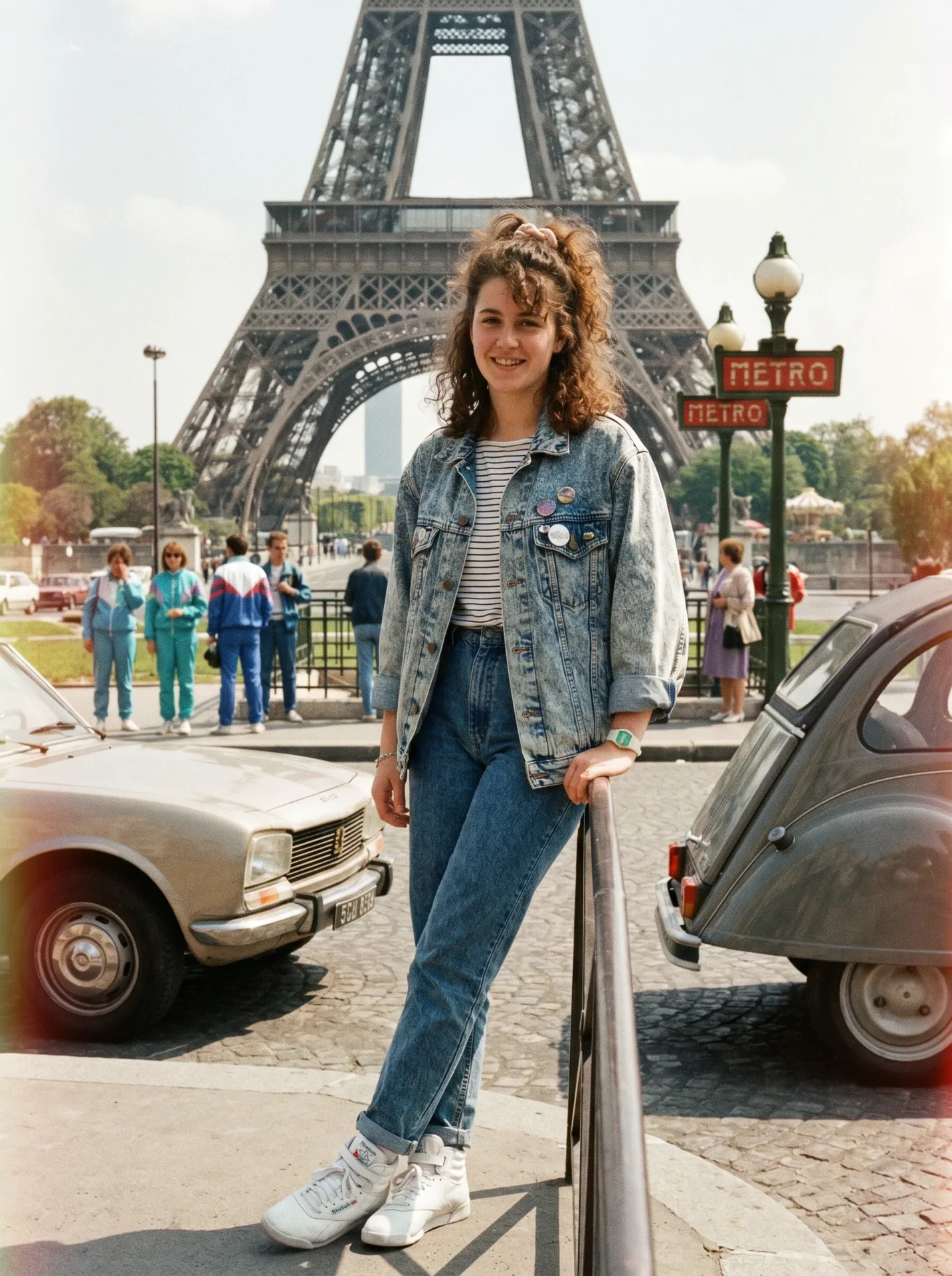 Vintage 1980s Paris Street Portrait of Smiling Woman with Eiffel Tower & Metro Sign Prompt