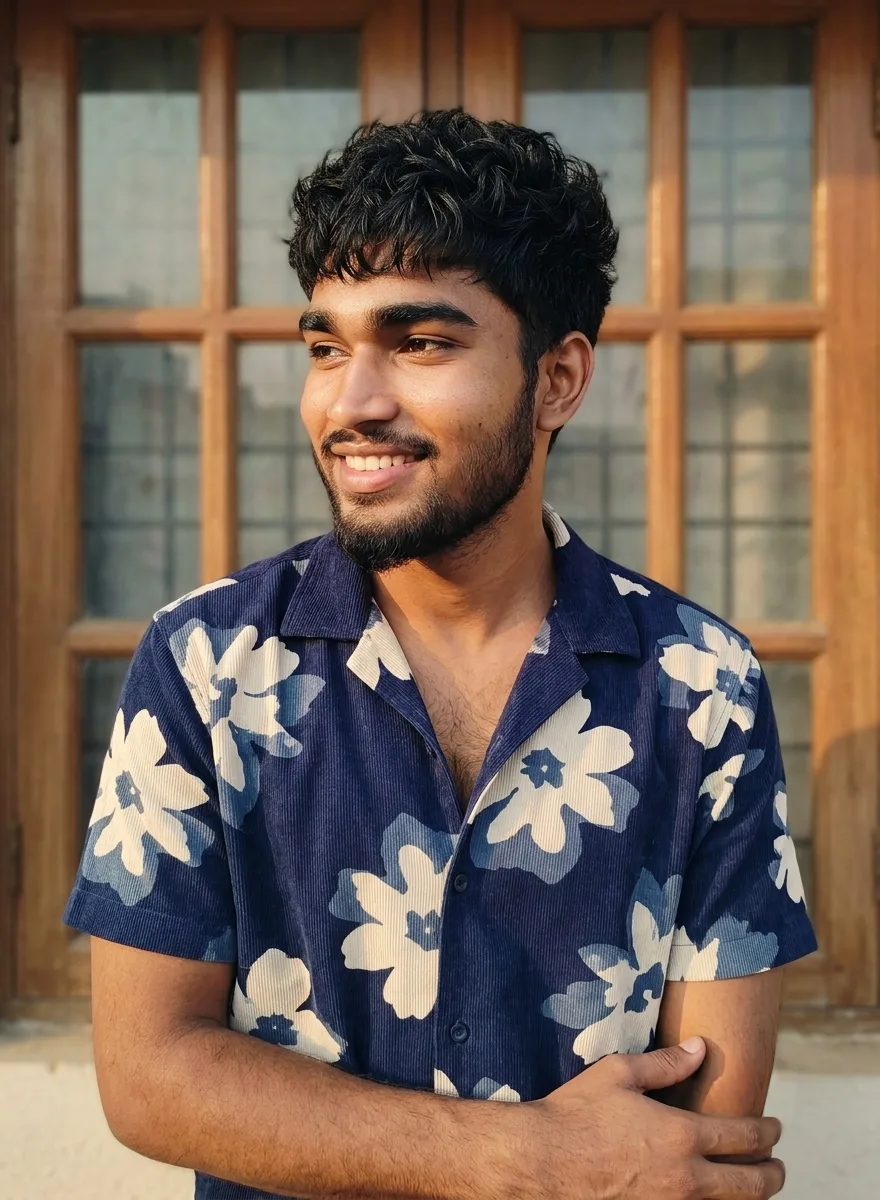 Golden Hour Male Portrait in Navy Floral Corduroy Shirt with Wooden Window Backdrop Prompt