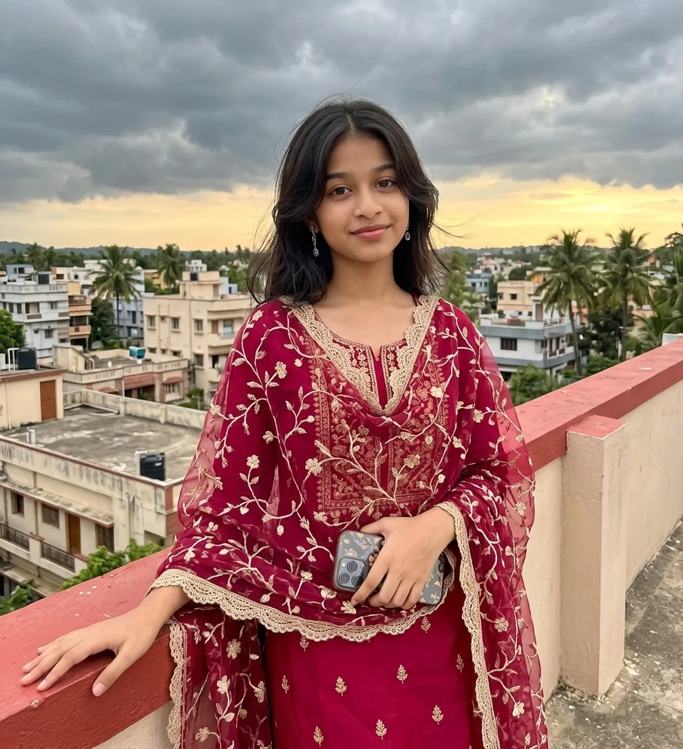 Rooftop Sunset Female Portrait in Maroon Embroidered Kurti & Sheer Dupatta Prompt