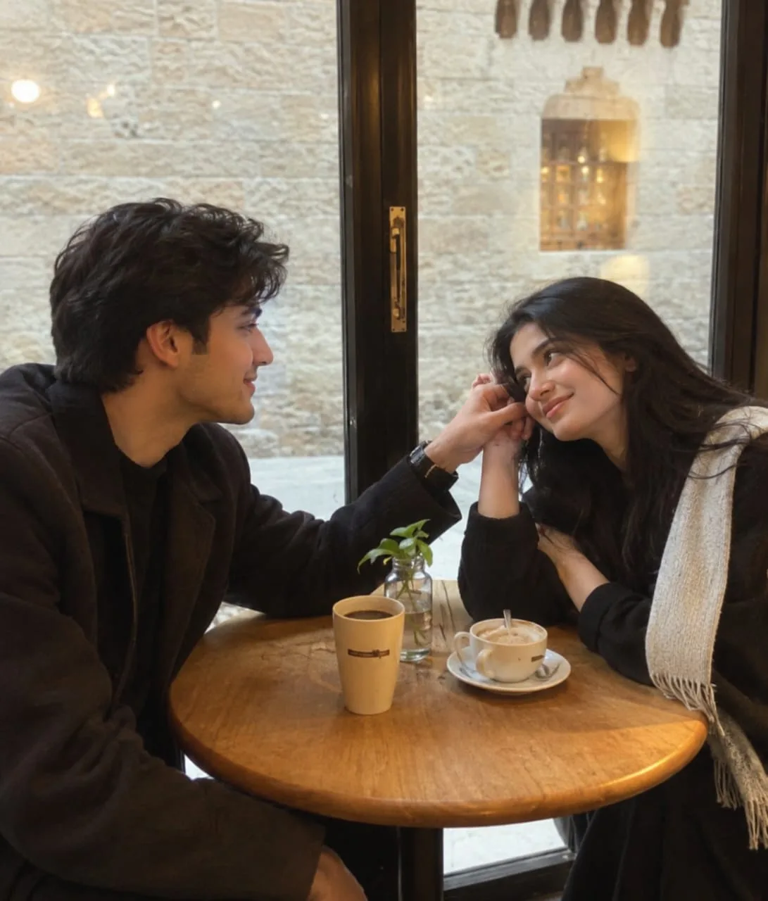 Young Couple Sharing a Cozy Moment at a Cafe Table