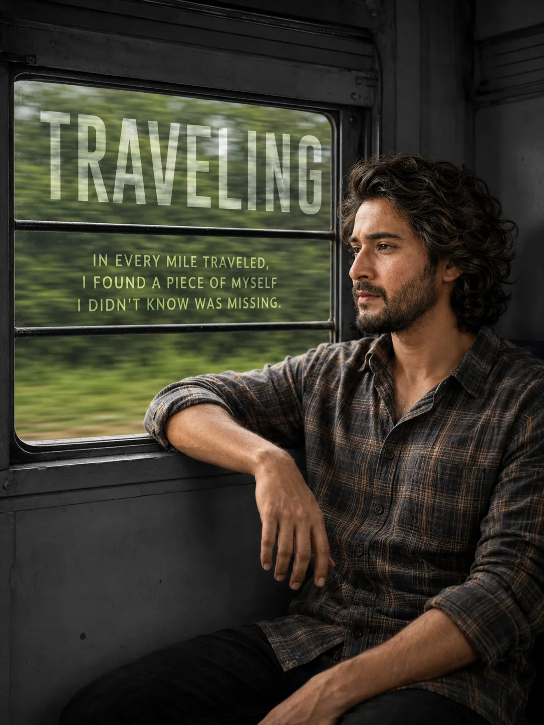 traveling — window-etched portrait in india railway compartment