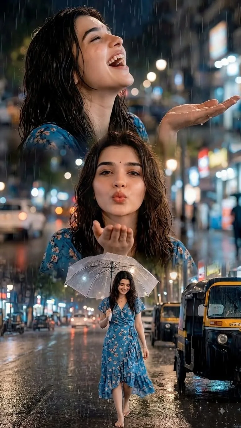 Cinematic multi-panel portrait of a joyful woman enjoying the monsoon rain on a bustling Indian city street at night