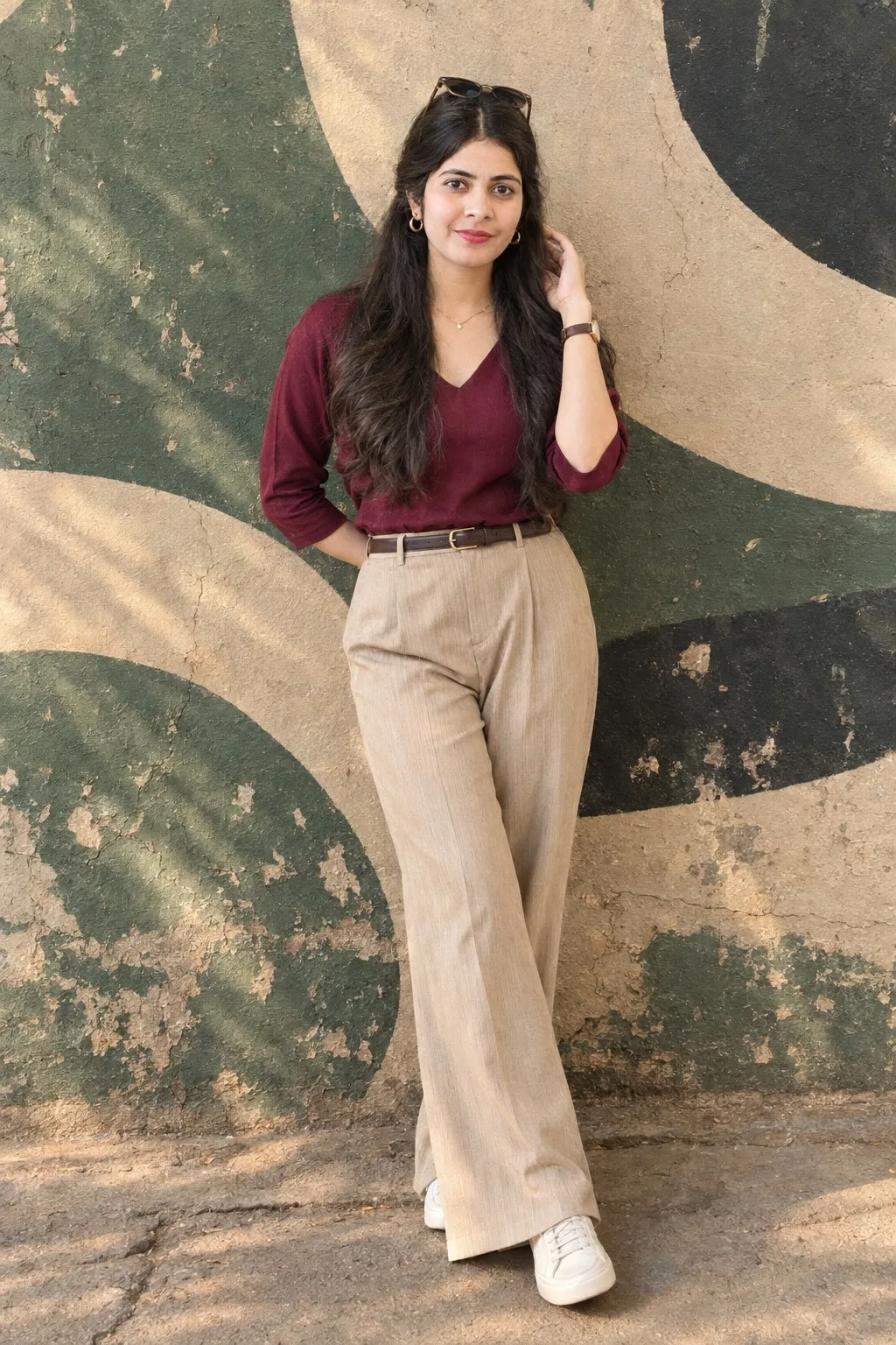 Cinematic Urban Elegance — Burgundy & Champagne Fashion Portrait
