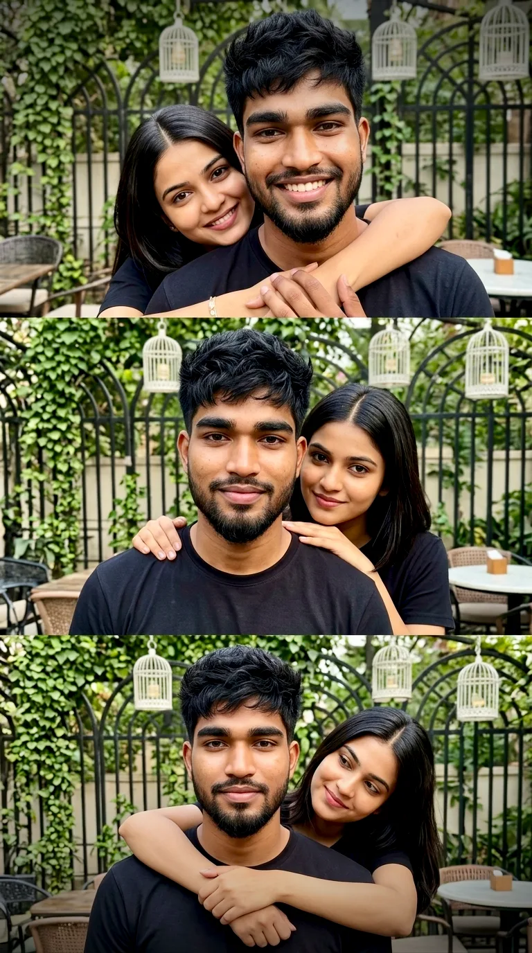 Romantic Outdoor Cafe Couple Portrait with Piggyback Hug in Matching Black T-Shirts Prompt