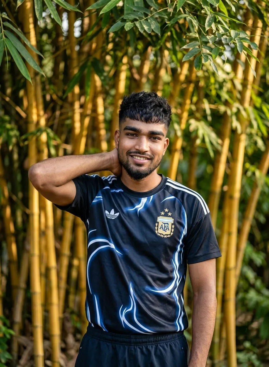 Golden Hour Male Portrait in Argentina Football Jersey with Bamboo Grove Prompt