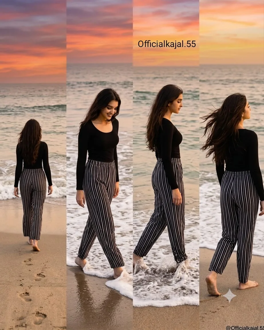 Minimalist monochrome beach photo collage of the same young woman