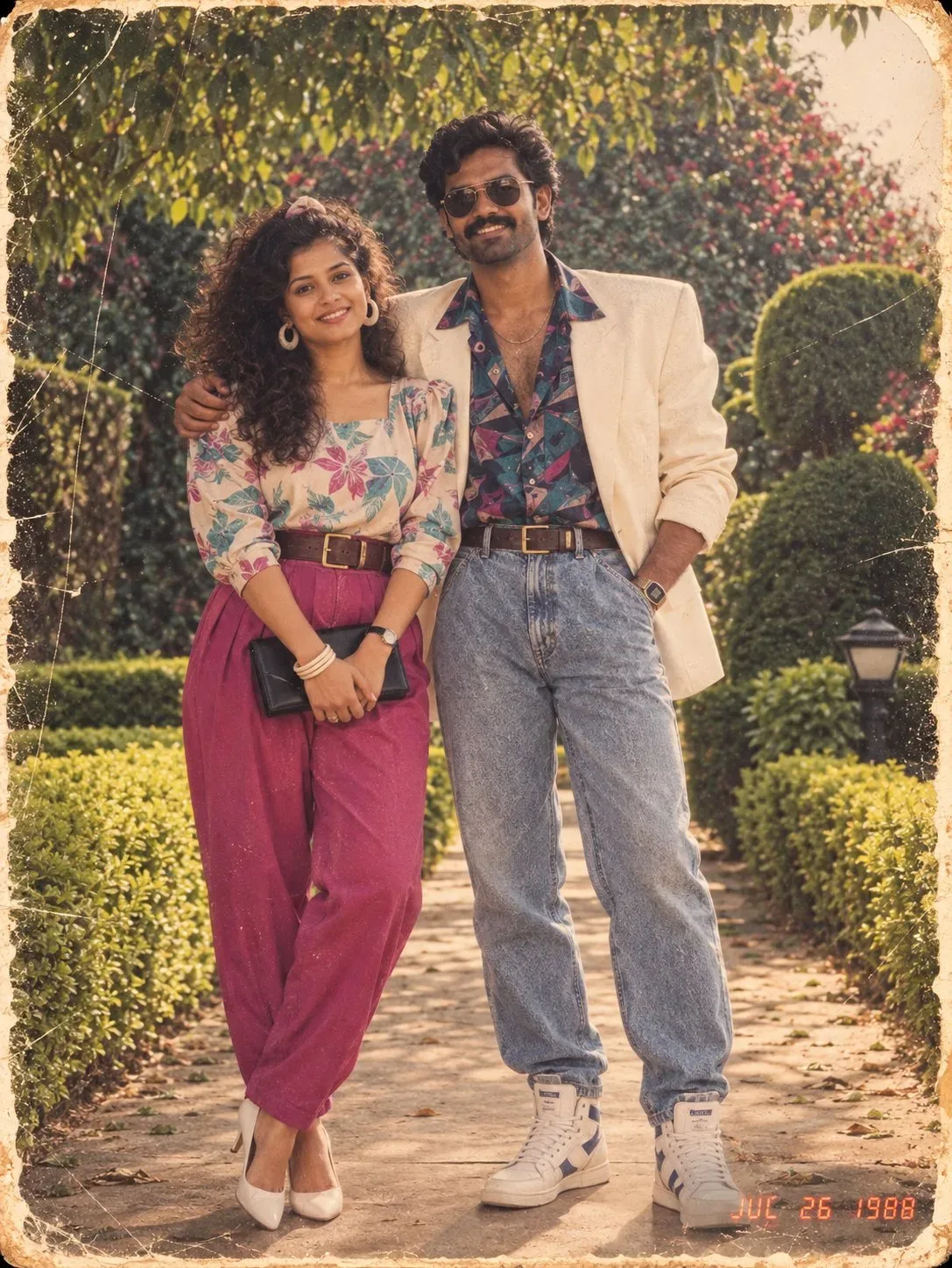 Nostalgic 1980s Retro Couple Garden Portrait in Pastel Blazer & Pleated Trousers Prompt