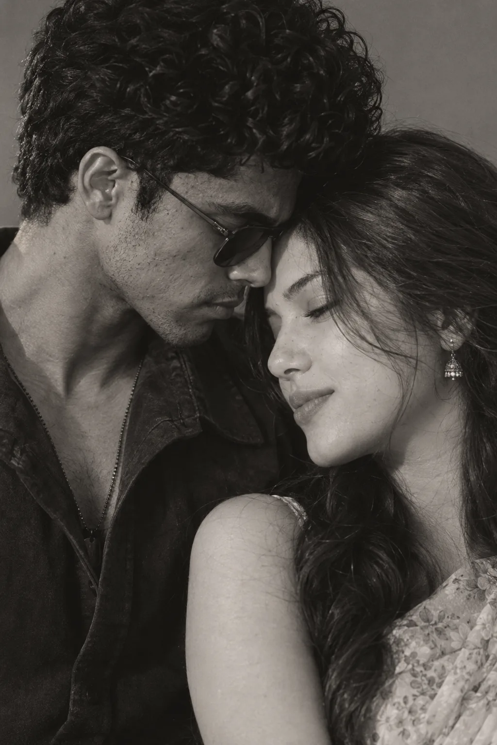 Black and white close up portrait of couple