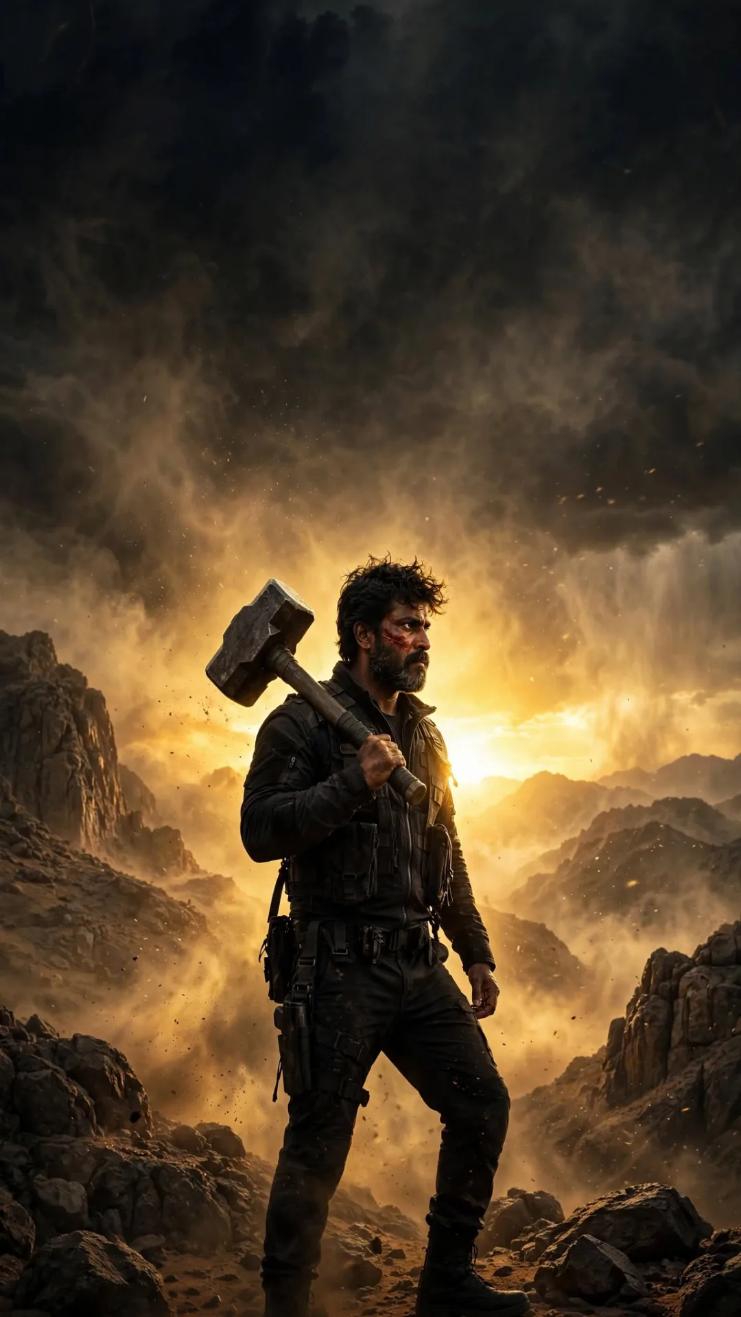 Cinematic Indian Action Hero with Hammer Movie Poster Prompt