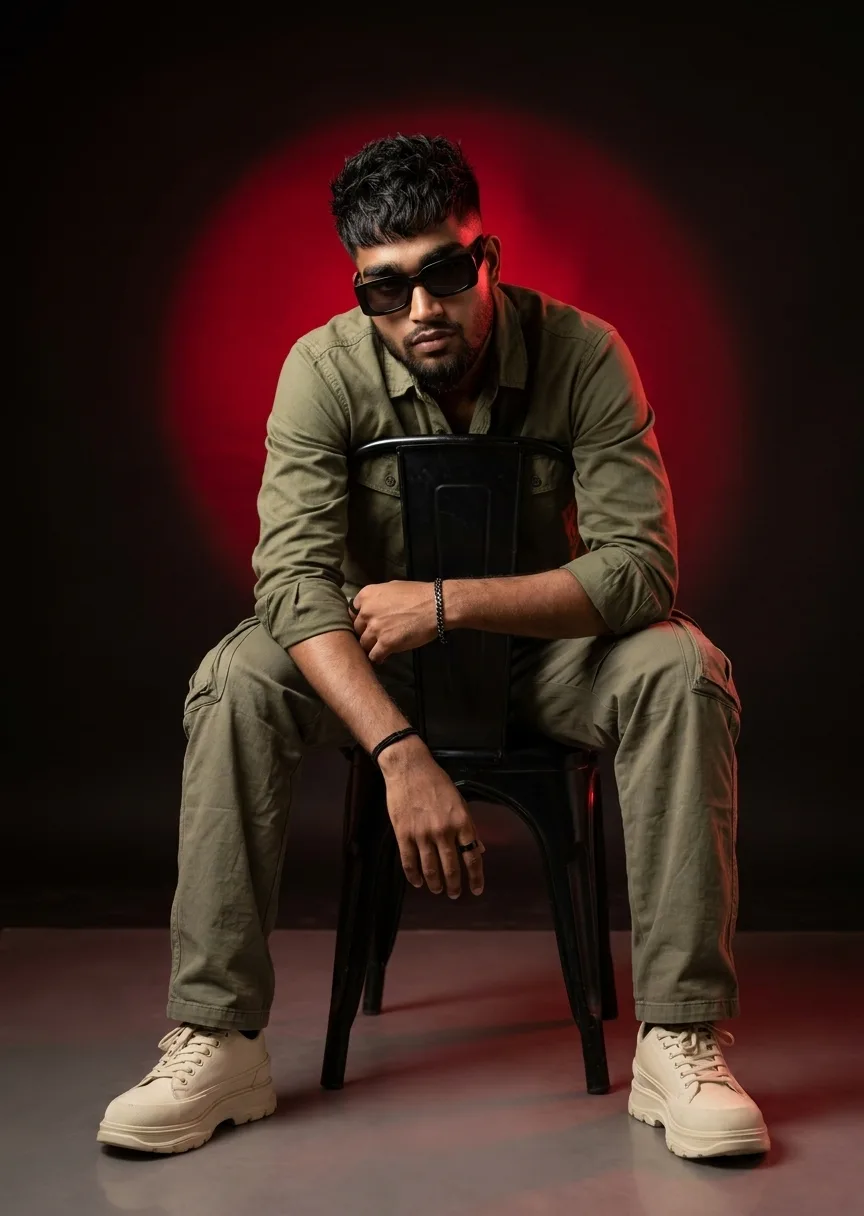 Moody Studio Male Portrait Straddling Chair in Olive Green Co-Ord Set Prompt