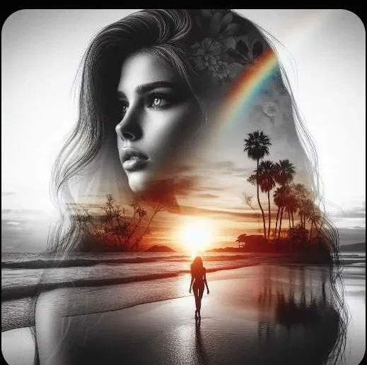 Double Exposure Beach Sunset - Woman Portrait
