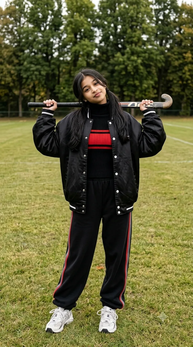 Sporty Young South Asian Girl with Field Hockey Stick on Pitch Prompt