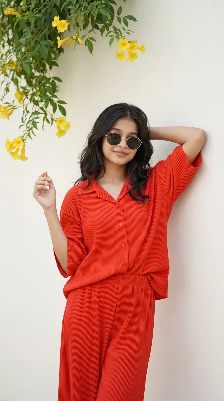 Minimalist Summer Chic Female Portrait in Red Plissé Co-ord Set with Round Shades Prompt